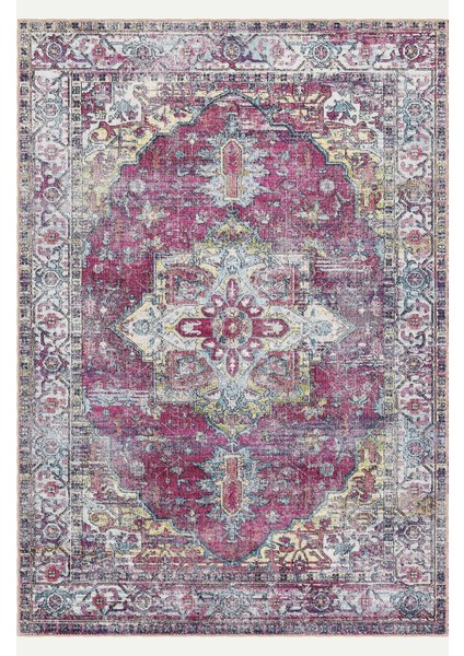Canlı Renkler Vintage Desenli Bej Renkli Salon Halısı, Dokuma Taban Dekoratif Şönil Halı