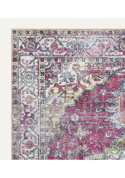 Canlı Renkler Vintage Desenli Bej Renkli Salon Halısı, Dokuma Taban Dekoratif Şönil Halı