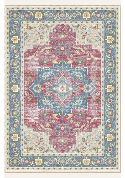Pembe ve Mavi Tonlarında Geleneksel Floral Motiflii Vintage Dijital Şönil Halı fiyatları
