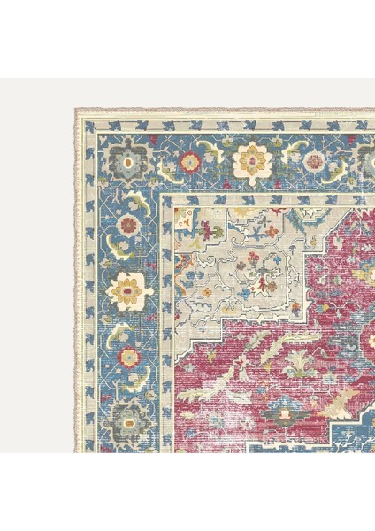 Pembe ve Mavi Tonlarında Geleneksel Floral Motiflii Vintage Dijital Şönil Halı modelleri