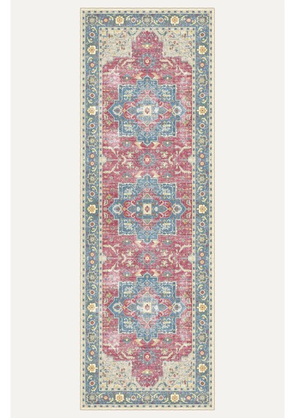 Pembe ve Mavi Tonlarında Geleneksel Floral Motiflii Vintage Dijital Şönil Halı indirimleri