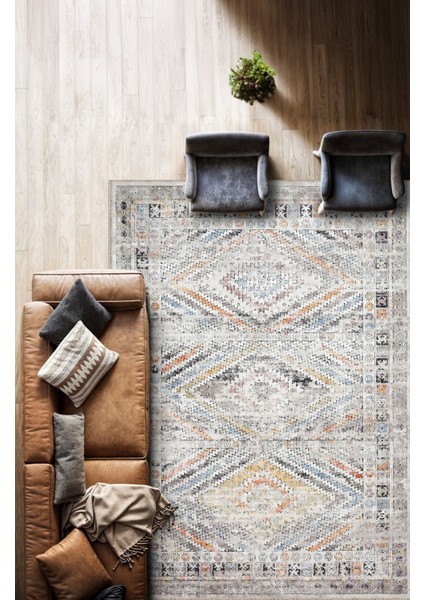 Modern Kilim Desenli, Gri ve Turuncu Tonlarında Eskitilmiş Vintage Dijital Şönil Halı