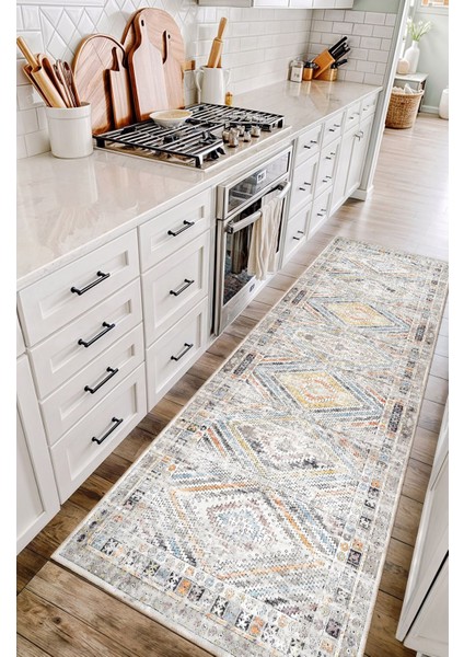 Modern Kilim Desenli, Gri ve Turuncu Tonlarında Eskitilmiş Vintage Dijital Şönil Halı fırsatları