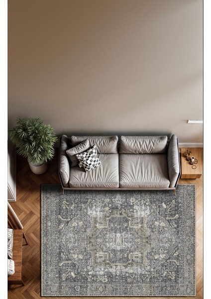 Klasik Heriz Desenli Siyah ve Gri Tonlarda Eskitilmiş Tasarım Vintage Dijital Şönil Halı