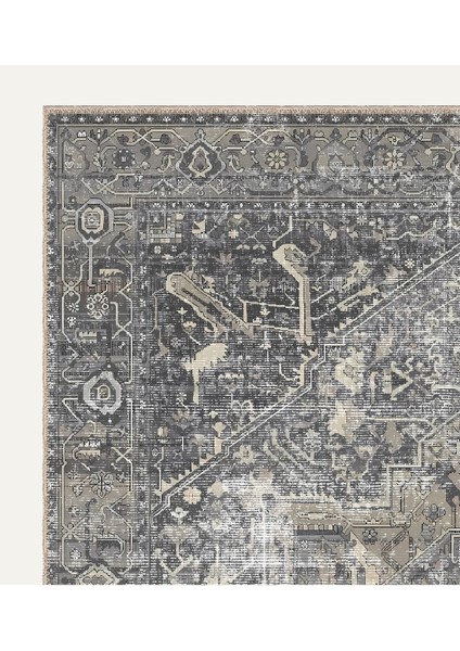 Klasik Heriz Desenli Siyah ve Gri Tonlarda Eskitilmiş Tasarım Vintage Dijital Şönil Halı modelleri