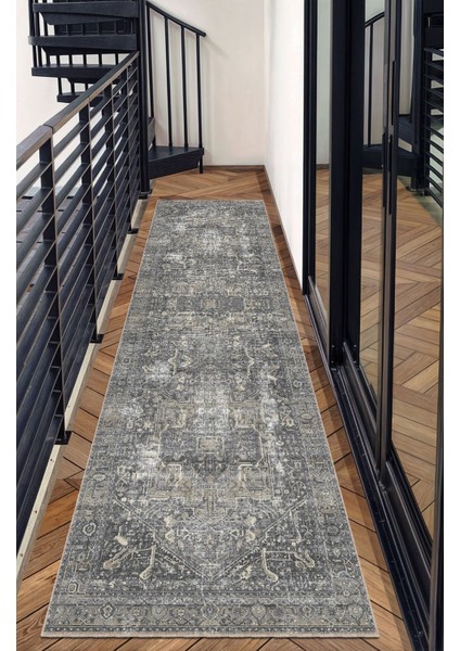 Klasik Heriz Desenli Siyah ve Gri Tonlarda Eskitilmiş Tasarım Vintage Dijital Şönil Halı fırsatları