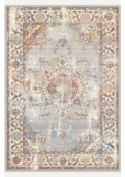 Gri ve Renkli Çiçek Desenli Vintage Dijital Şönil Halı