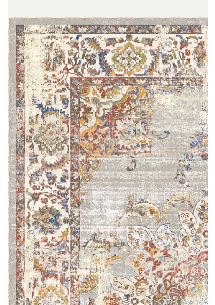 Gri ve Renkli Çiçek Desenli Vintage Dijital Şönil Halı
