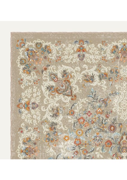 Bej ve Pastel Çiçek Desenli Dijital Şönil Halı Kaymaz Taban, Vintage Stil modelleri
