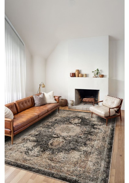 Vintage Halı Modern Motifli Bej Göbekli Desenli Dijital Şönil Halı