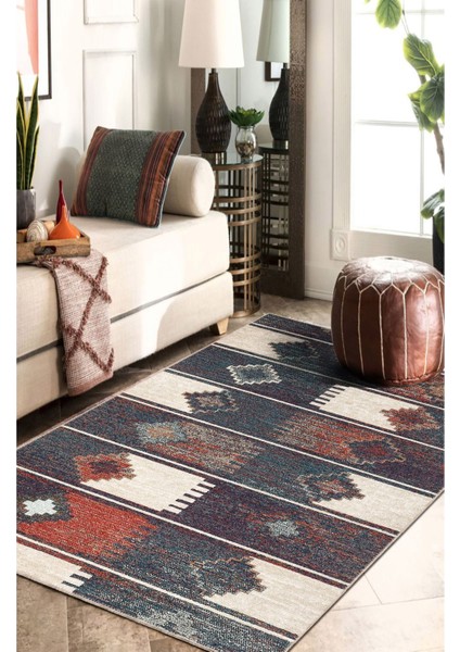 Geometrik Desenli Vintage Aztec Modern Salon Halısı Dokuma Taban Dekoratif Şönil Yıkanabilir Halı