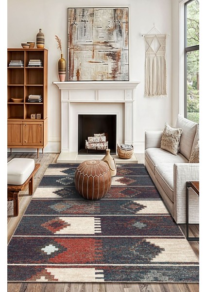 Geometrik Desenli Vintage Aztec Modern Salon Halısı Dokuma Taban Dekoratif Şönil Yıkanabilir Halı