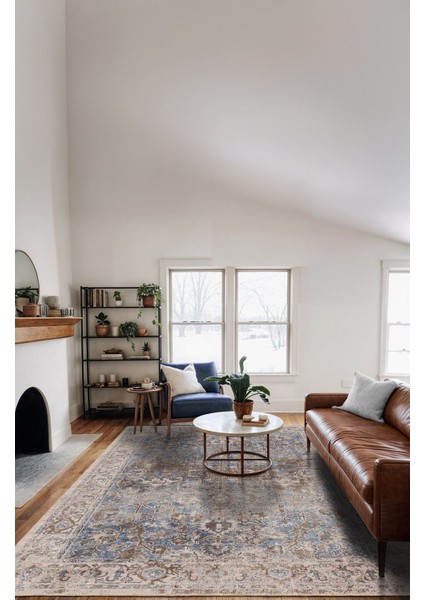 Vintage Mavi Halı Geometrik ve Çiçek Motifli Bej ve Kahve Klasik Dijital Şönil Halı