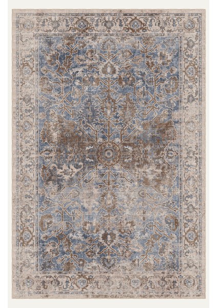 Vintage Mavi Halı Geometrik ve Çiçek Motifli Bej ve Kahve Klasik Dijital Şönil Halı