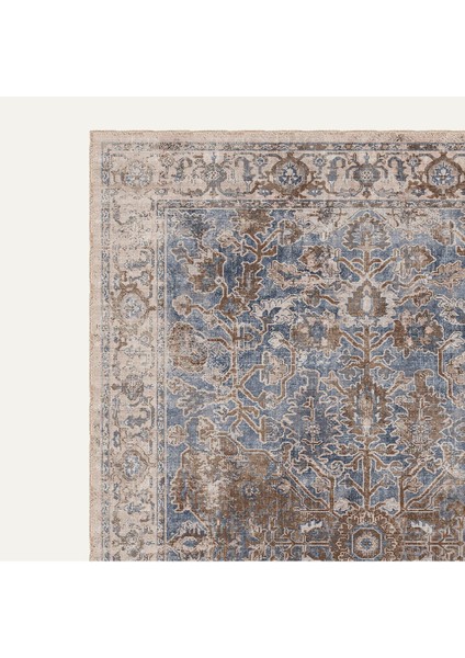 Vintage Mavi Halı Geometrik ve Çiçek Motifli Bej ve Kahve Klasik Dijital Şönil Halı