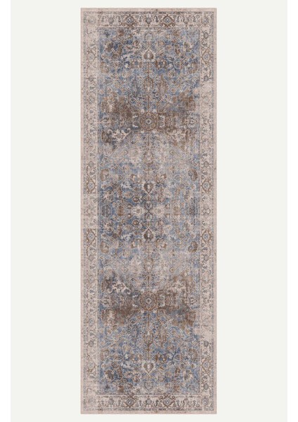 Vintage Mavi Halı Geometrik ve Çiçek Motifli Bej ve Kahve Klasik Dijital Şönil Halı