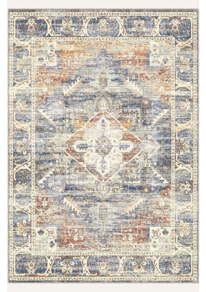 Bohem Tarzı Geometrik Desenli Halı Mavi, Turuncu ve Krem Tonlarında Vintage Dijital Şönil Halı fiyatları