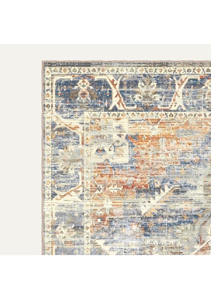 Bohem Tarzı Geometrik Desenli Halı Mavi, Turuncu ve Krem Tonlarında Vintage Dijital Şönil Halı modelleri