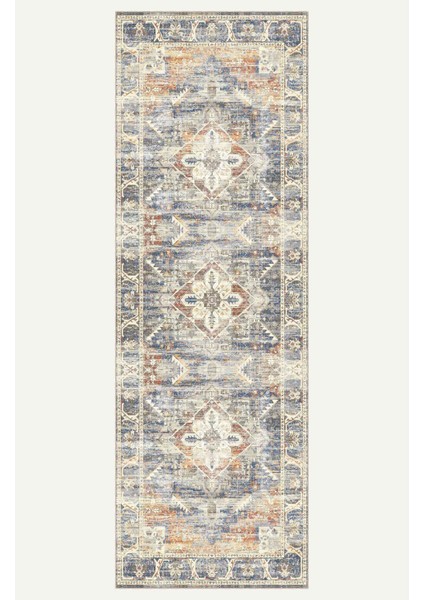Bohem Tarzı Geometrik Desenli Halı Mavi, Turuncu ve Krem Tonlarında Vintage Dijital Şönil Halı indirimleri