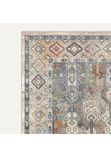 Vintage Halı Modern Motifli Bej ve Mavi Kilim Desenli Dijital Şönil Halı