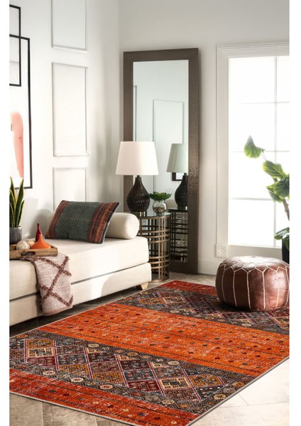 Turuncu ve Kırmızı Tonlarında Etnik Kilim Desenli Halı Dijital Şönil Halı