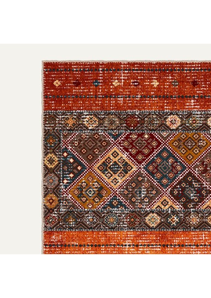 Turuncu ve Kırmızı Tonlarında Etnik Kilim Desenli Halı Dijital Şönil Halı modelleri