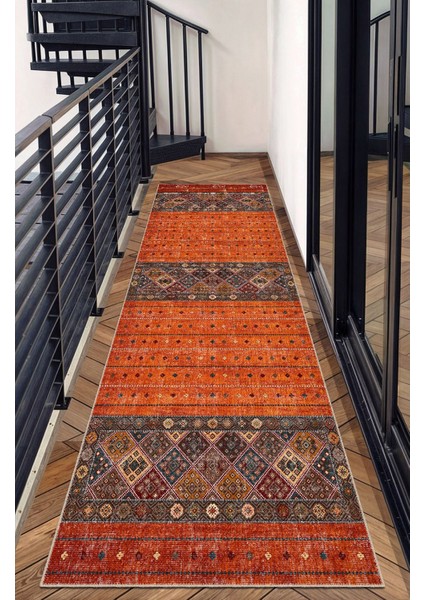 Turuncu ve Kırmızı Tonlarında Etnik Kilim Desenli Halı Dijital Şönil Halı fırsatları