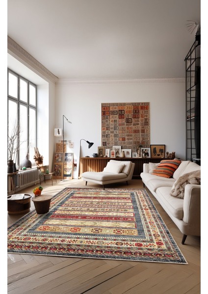 Vintage Halı Modern Motifli Bej ve Renkli Kilim Desenli Dijital Şönil Halı