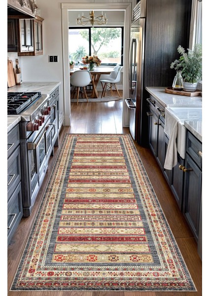 Vintage Halı Modern Motifli Bej ve Renkli Kilim Desenli Dijital Şönil Halı fırsatları