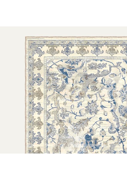 Mavi ve Krem Çiçek Desenli Vintage Tarzı Halı Zarif ve Otantik Dijital Şönil Halı