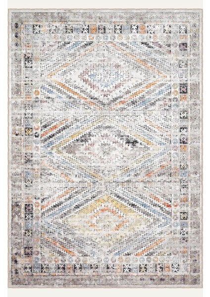 Modern Kilim Desenli, Gri ve Turuncu Tonlarında Eskitilmiş Vintage Dijital Şönil Halı fiyatları