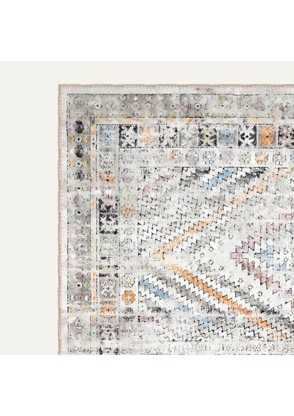 Modern Kilim Desenli, Gri ve Turuncu Tonlarında Eskitilmiş Vintage Dijital Şönil Halı modelleri