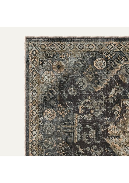 Vintage Halı Modern Motifli Yeşil ve Antrasit Göbekli Desenli Dijital Şönil Halı modelleri