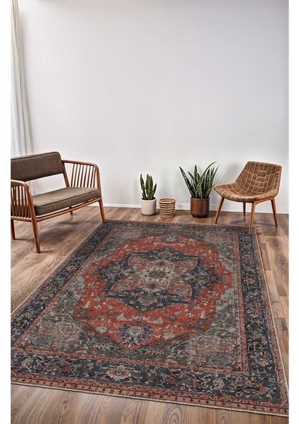 Vintage Halı Modern Motifli Kırmızı Göbekli Kilim Desenli Dijital Şönil Halı