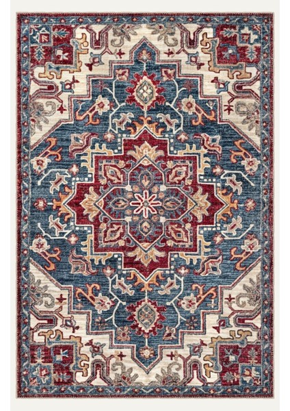 Vintage Halı Modern Motifli Antrasit Mavi ve Bej Göbek Desenli Dijital Şönil Halı