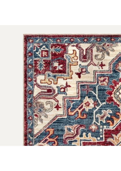 Vintage Halı Modern Motifli Antrasit Mavi ve Bej Göbek Desenli Dijital Şönil Halı