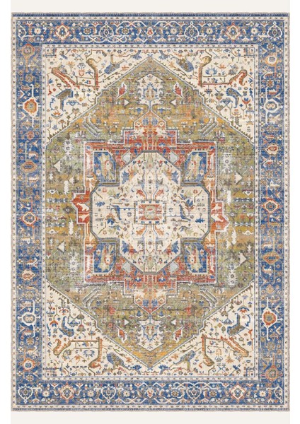 Mavi ve Yeşil Tonlarda Geleneksel Desenli Dijital Şönil Halı - Kaymaz Taban, Vintage Stil fiyatları