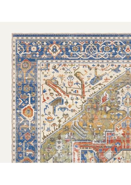 Mavi ve Yeşil Tonlarda Geleneksel Desenli Dijital Şönil Halı - Kaymaz Taban, Vintage Stil modelleri