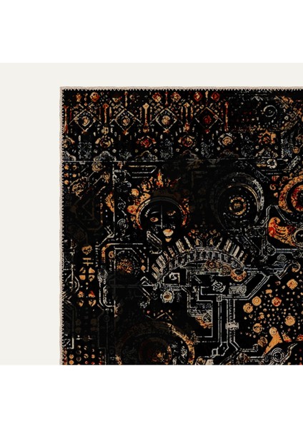 Siyah ve Turuncu Tonlarında Modern Endüstriyel Desenli Halı Dijital Şönil Halı modelleri