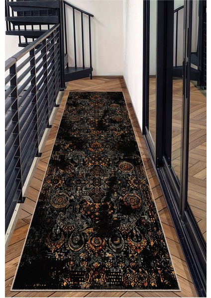 Siyah ve Turuncu Tonlarında Modern Endüstriyel Desenli Halı Dijital Şönil Halı fırsatları