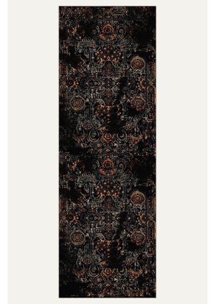 Siyah ve Turuncu Tonlarında Modern Endüstriyel Desenli Halı Dijital Şönil Halı indirimleri