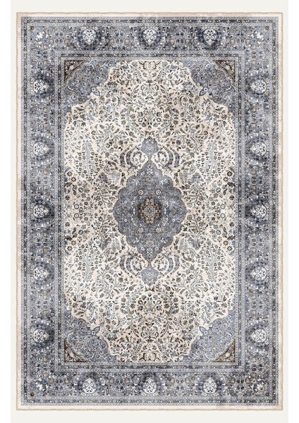 Vintage Mavi Medalyon Halı Çiçek Motifli Bej ve Lacivert Klasik Desenli Dijital Şönil Halı fiyatları