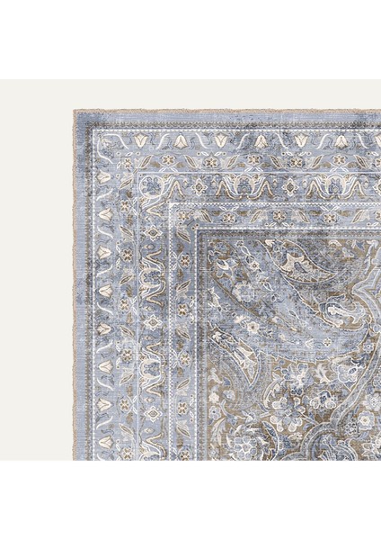 Vintage Gri ve Mavi Çiçek Desenli Anadolu Halısı Dijital Şönil Halı modelleri