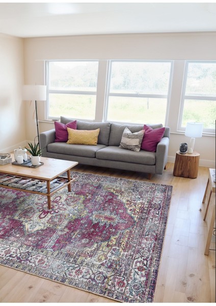 Canlı Renkler Vintage Desenli Bej Renkli Salon Halısı, Dokuma Taban Dekoratif Şönil Halı