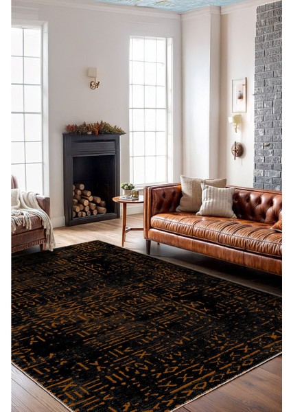 Vintage Siyah Boho Etnik Desenli Iskandinav Siyah ve Kahve Tonlarında Modern Dijital Şönil Halı