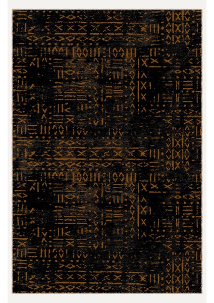 Vintage Siyah Boho Etnik Desenli Iskandinav Siyah ve Kahve Tonlarında Modern Dijital Şönil Halı