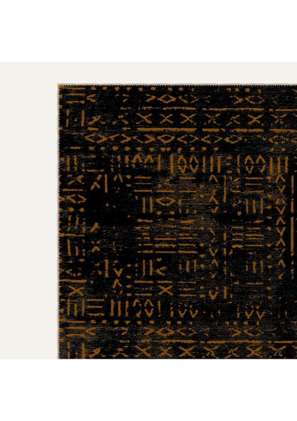 Vintage Siyah Boho Etnik Desenli Iskandinav Siyah ve Kahve Tonlarında Modern Dijital Şönil Halı