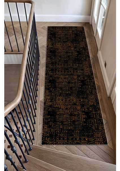 Vintage Siyah Boho Etnik Desenli Iskandinav Siyah ve Kahve Tonlarında Modern Dijital Şönil Halı