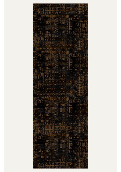 Vintage Siyah Boho Etnik Desenli Iskandinav Siyah ve Kahve Tonlarında Modern Dijital Şönil Halı