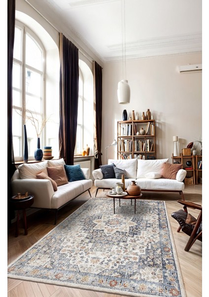 Vintage Desenli Bej Renkli Salon Halısı, Dokuma Taban Dekoratif Şönil Halı